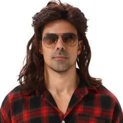 MAASKANTJE "Frituur" Mullet retro Vokuhila Peluca marrón oscuro